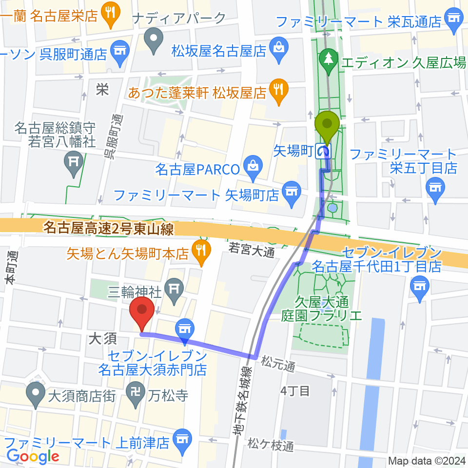 矢場町駅からスタジオスピークへのルートマップ地図