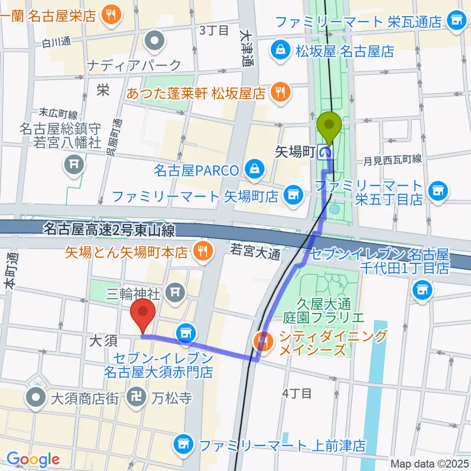 矢場町駅からスタジオスピークへのルートマップ地図