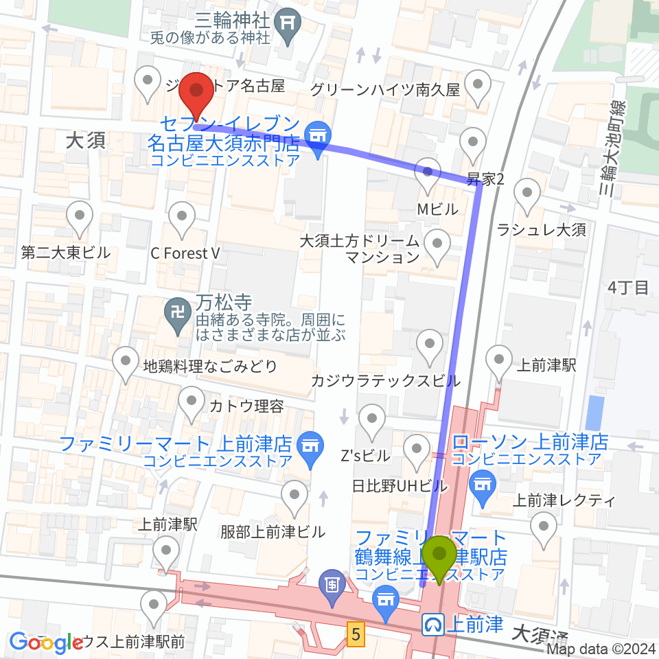 スタジオスピークの最寄駅上前津駅からの徒歩ルート（約6分）地図