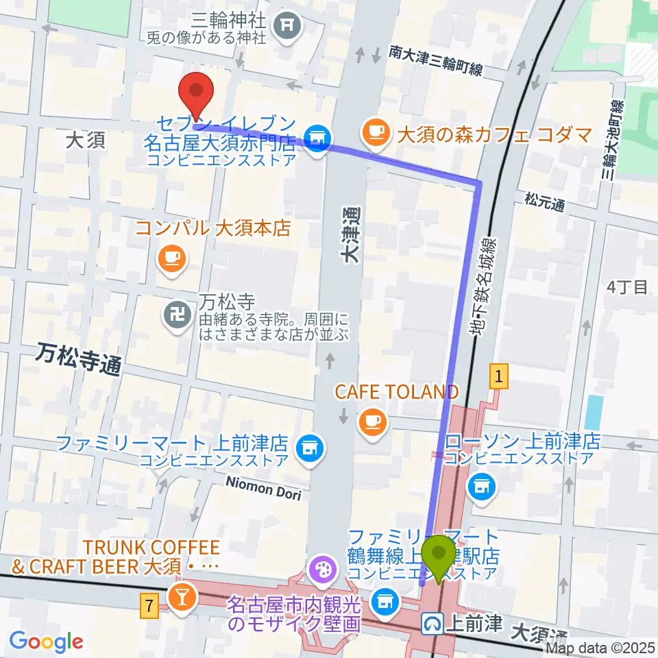 スタジオスピークの最寄駅上前津駅からの徒歩ルート（約6分）地図