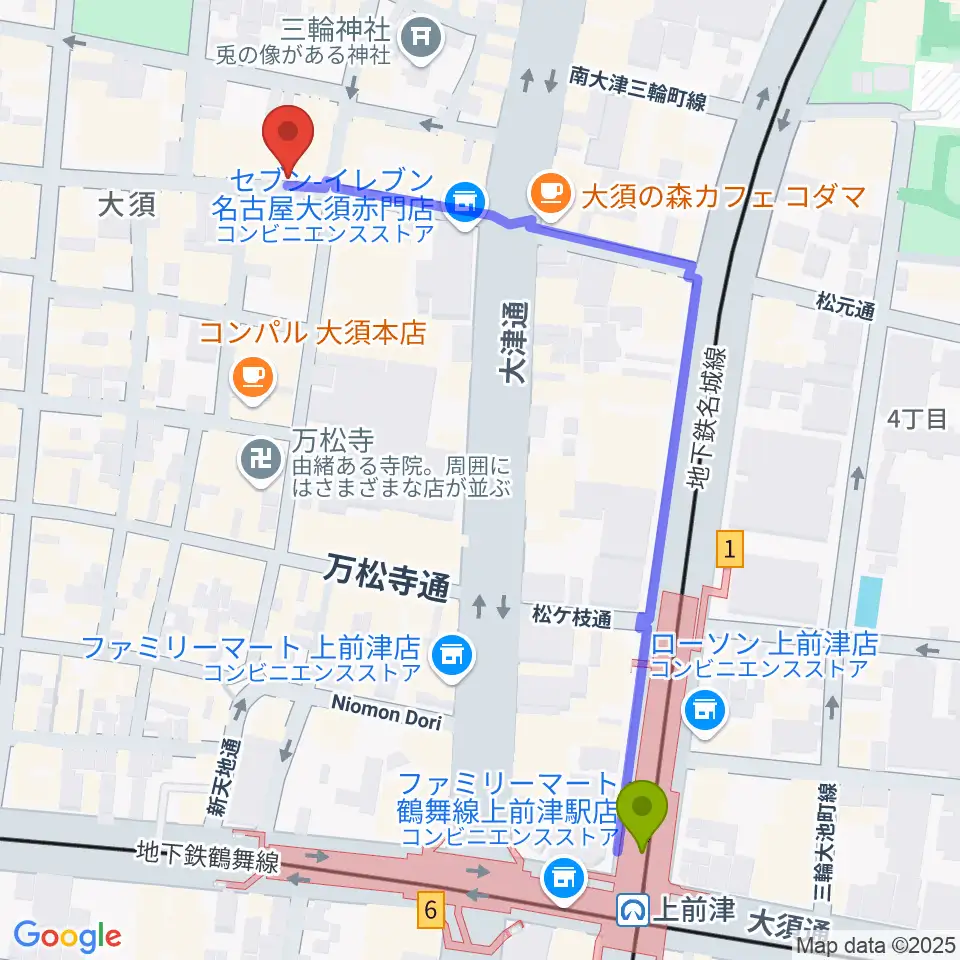 スタジオスピークの最寄駅上前津駅からの徒歩ルート（約6分）地図