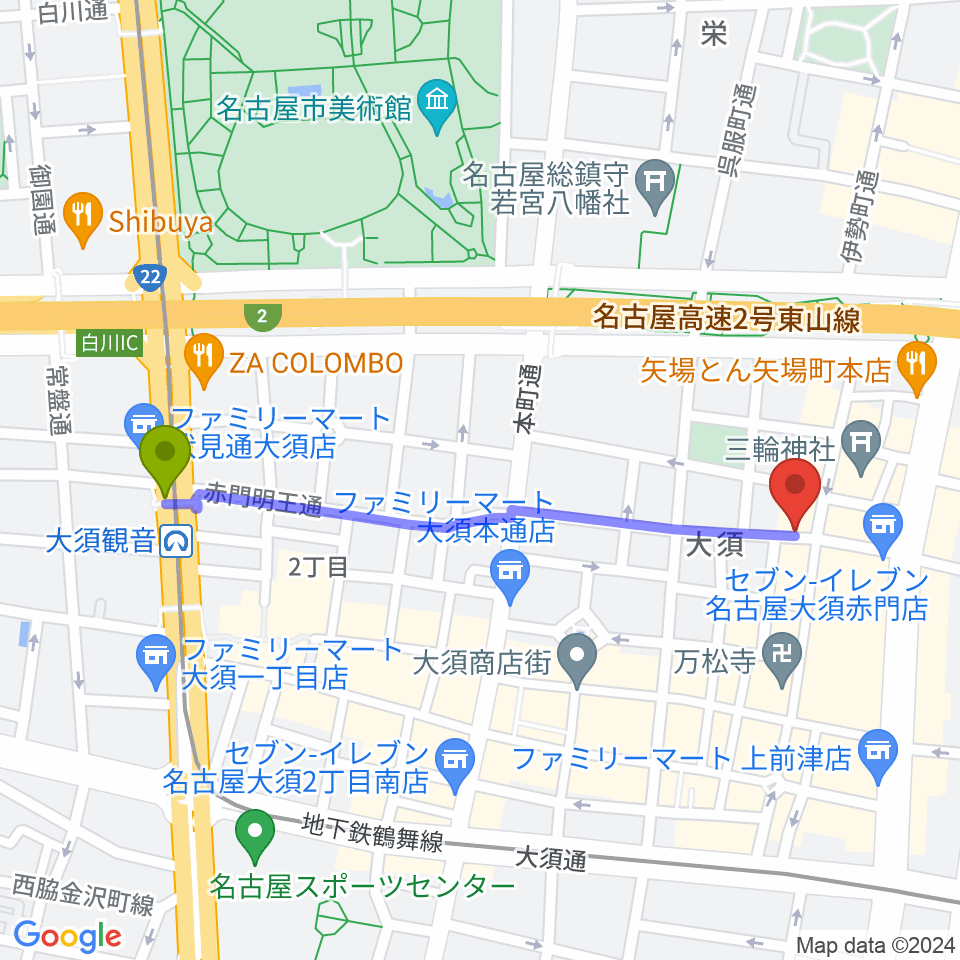 大須観音駅からスタジオスピークへのルートマップ地図