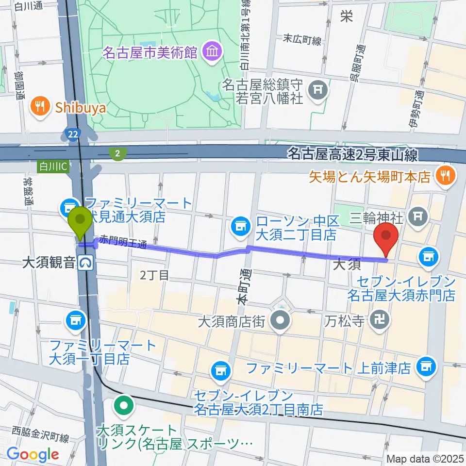 大須観音駅からスタジオスピークへのルートマップ地図