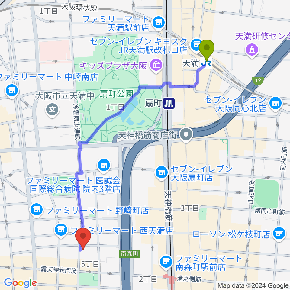 天満駅からスタジオグルーヴへのルートマップ地図