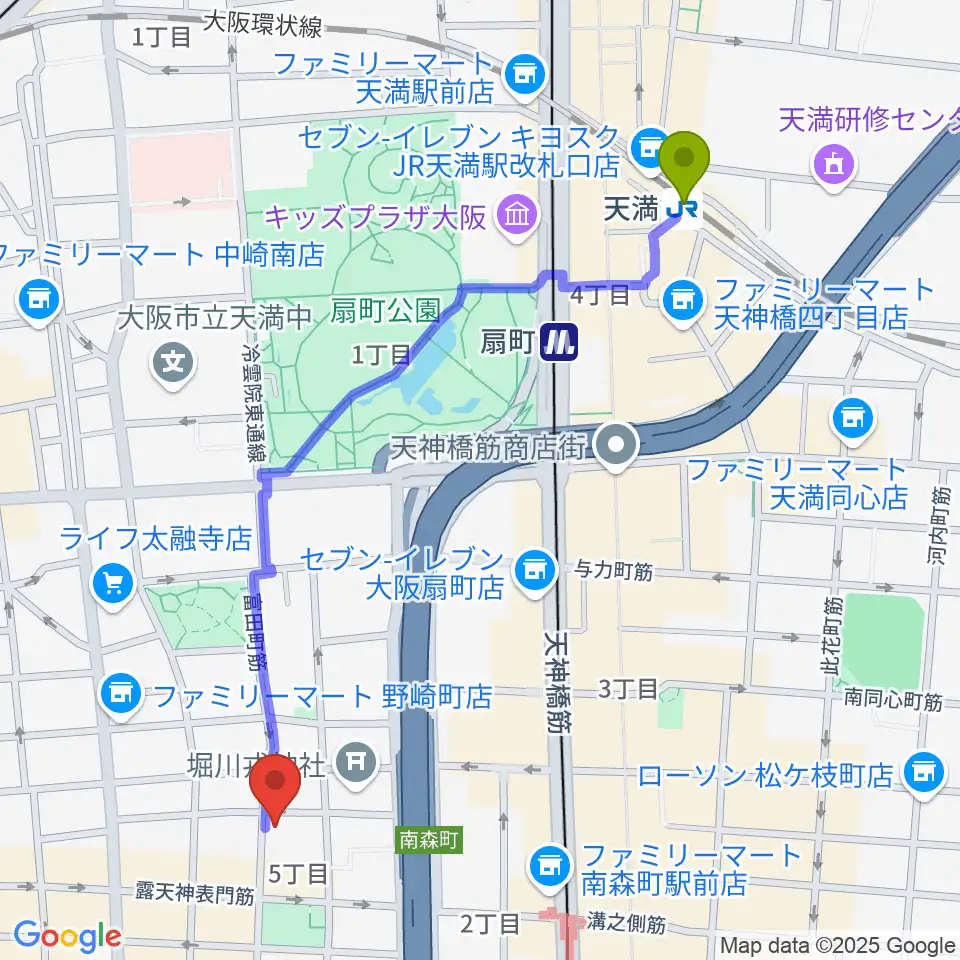 天満駅からスタジオグルーヴへのルートマップ地図