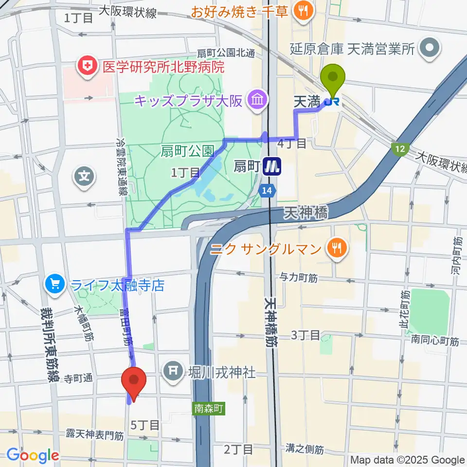 天満駅からスタジオグルーヴへのルートマップ地図