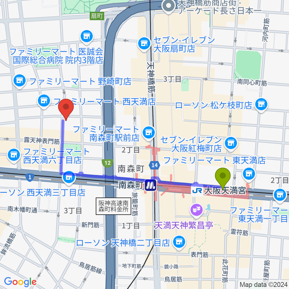 スタジオグルーヴの最寄駅大阪天満宮駅からの徒歩ルート（約9分）地図