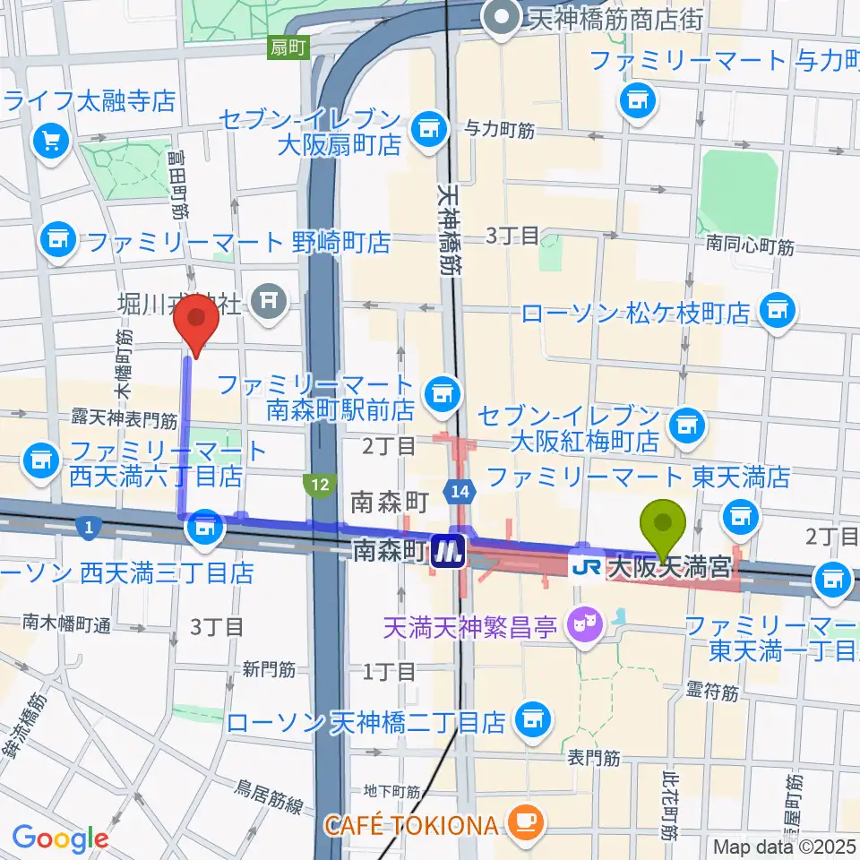 スタジオグルーヴの最寄駅大阪天満宮駅からの徒歩ルート（約9分）地図