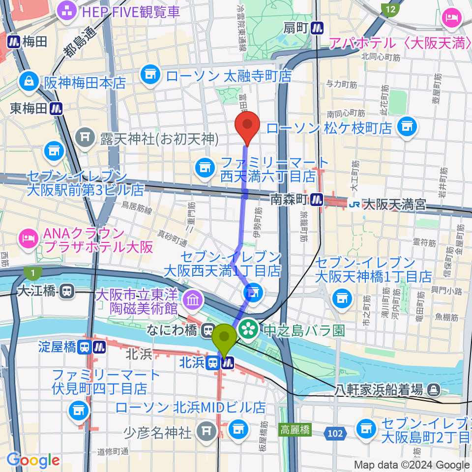 北浜駅からスタジオグルーヴへのルートマップ地図