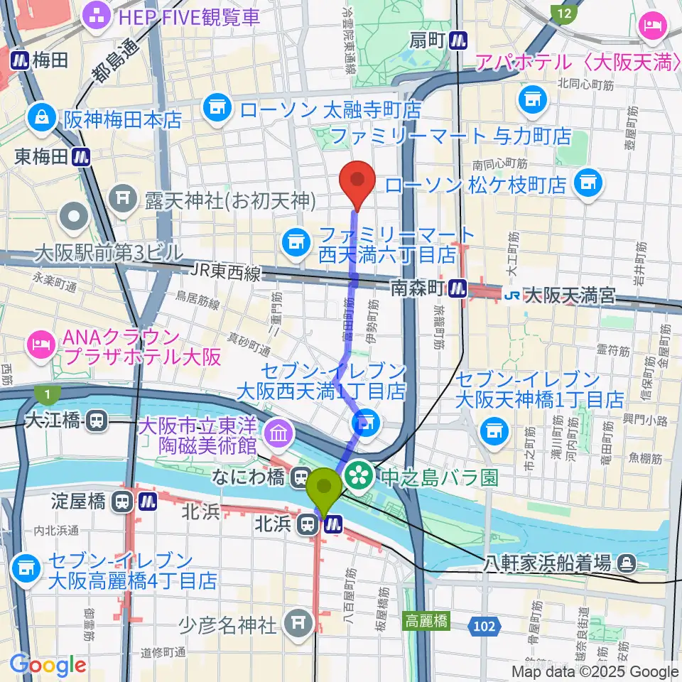 北浜駅からスタジオグルーヴへのルートマップ地図