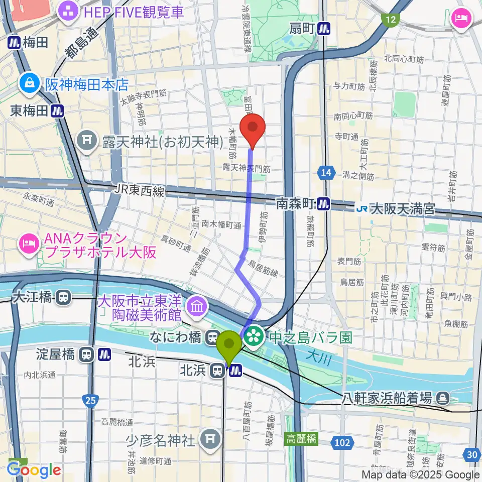 北浜駅からスタジオグルーヴへのルートマップ地図