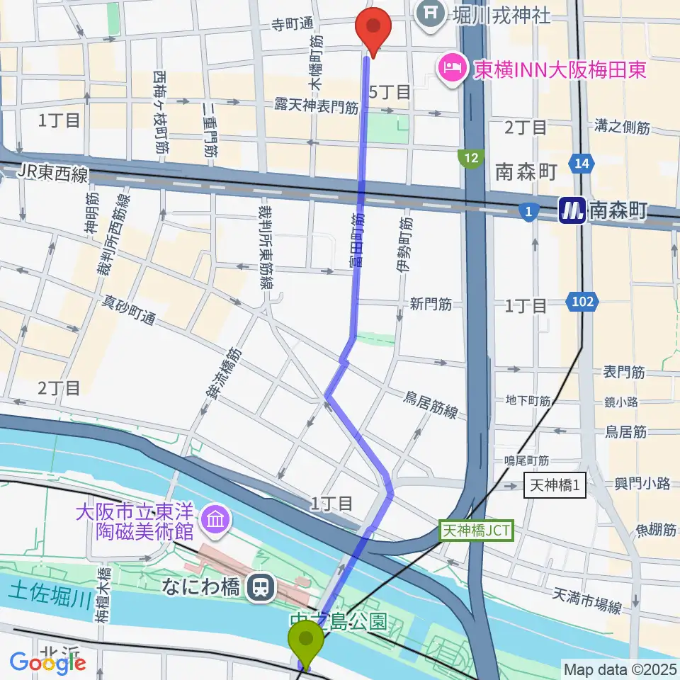 北浜駅からスタジオグルーヴへのルートマップ地図