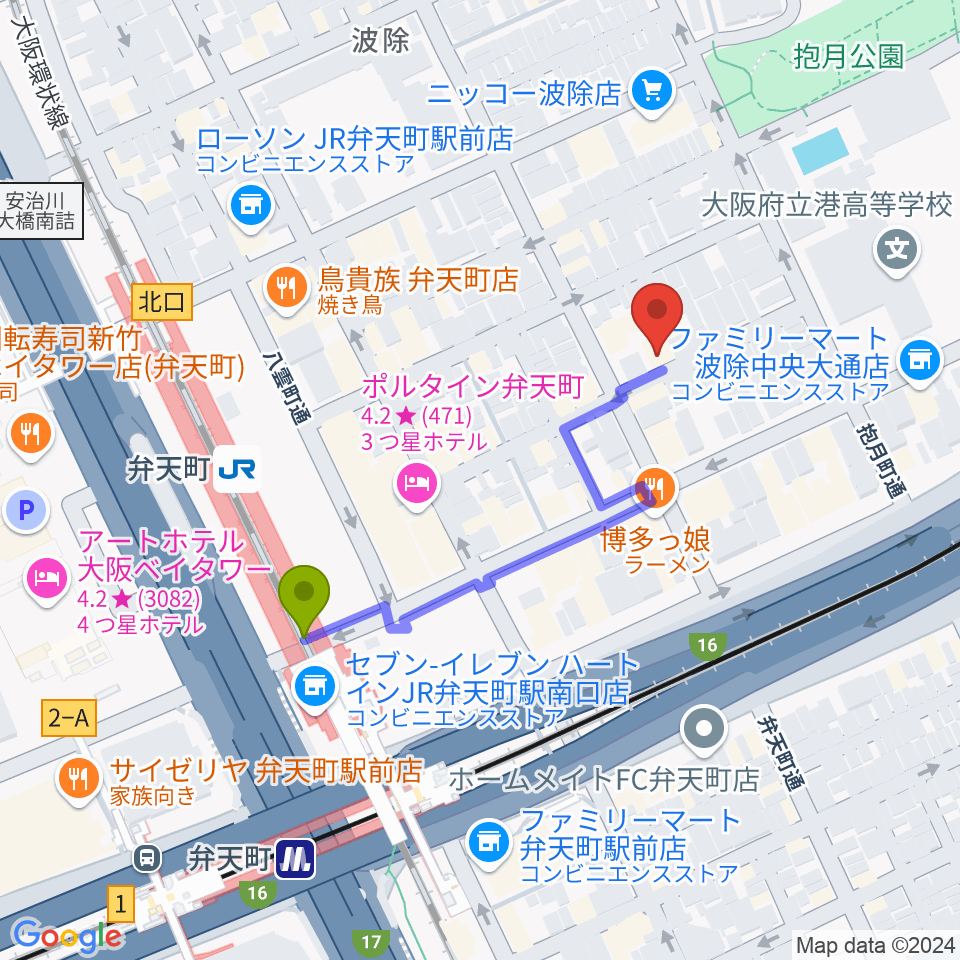 スタジオフリエの最寄駅弁天町駅からの徒歩ルート（約4分）地図