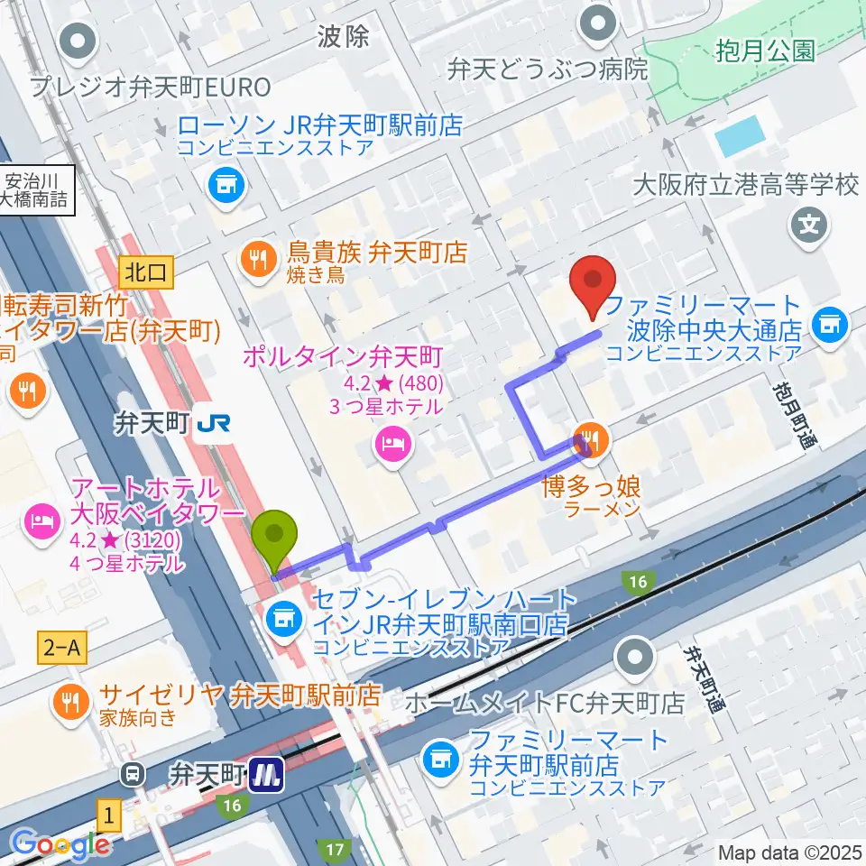 スタジオフリエの最寄駅弁天町駅からの徒歩ルート（約4分）地図