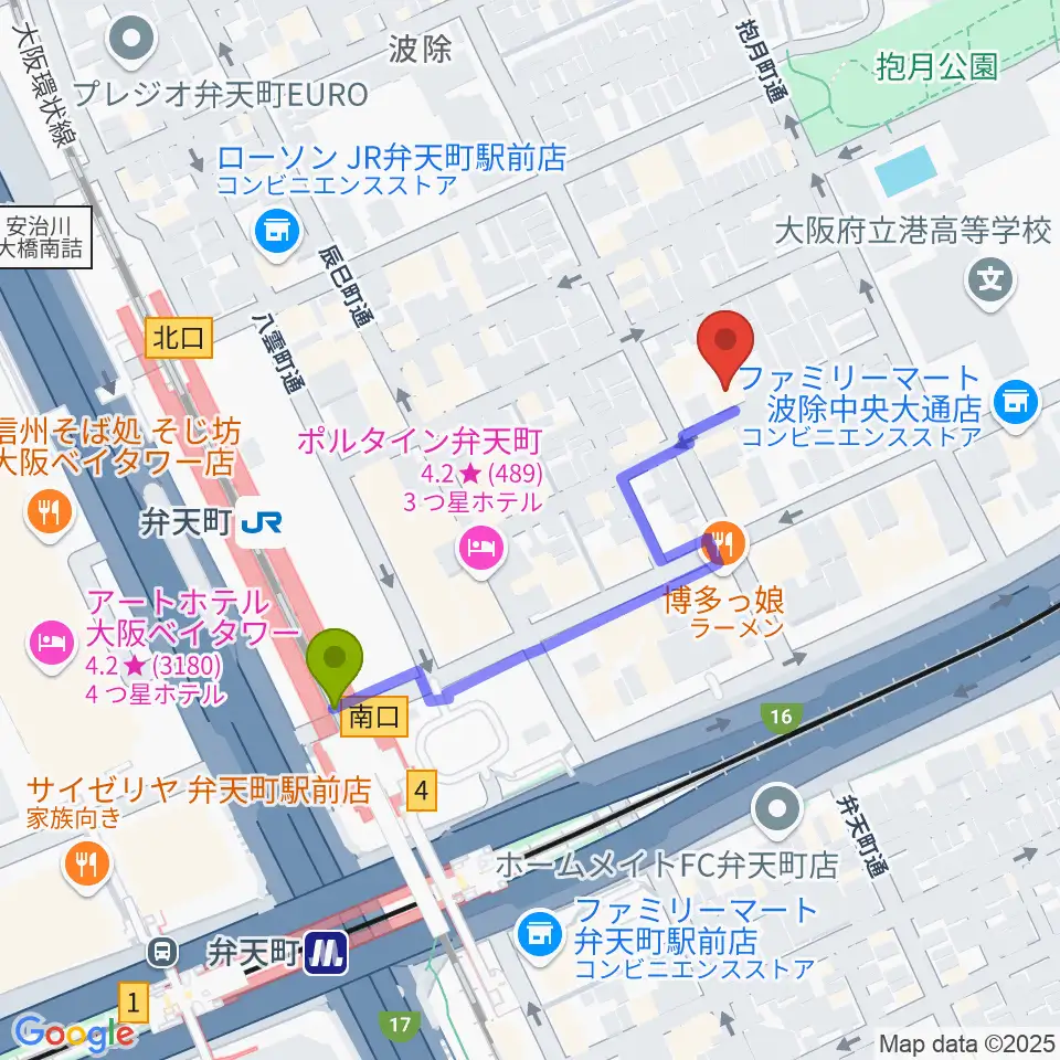 スタジオフリエの最寄駅弁天町駅からの徒歩ルート（約4分）地図