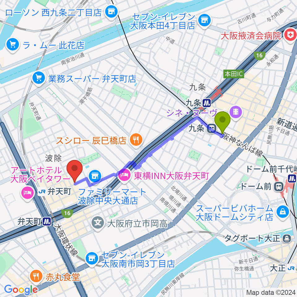 九条駅からスタジオフリエへのルートマップ地図