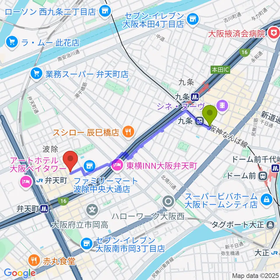 九条駅からスタジオフリエへのルートマップ地図