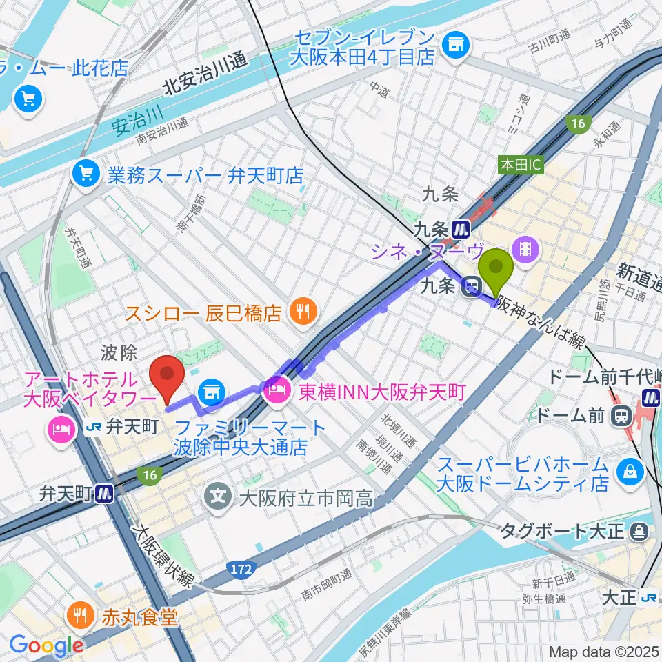 九条駅からスタジオフリエへのルートマップ地図