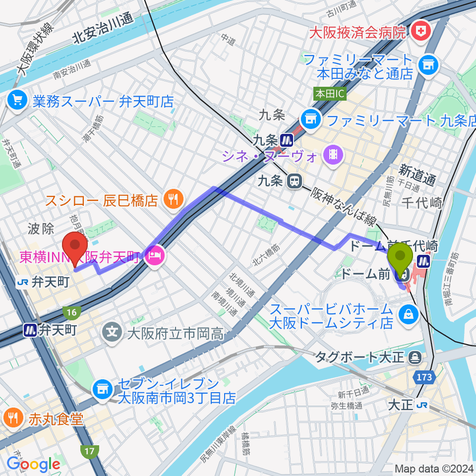 ドーム前駅からスタジオフリエへのルートマップ地図