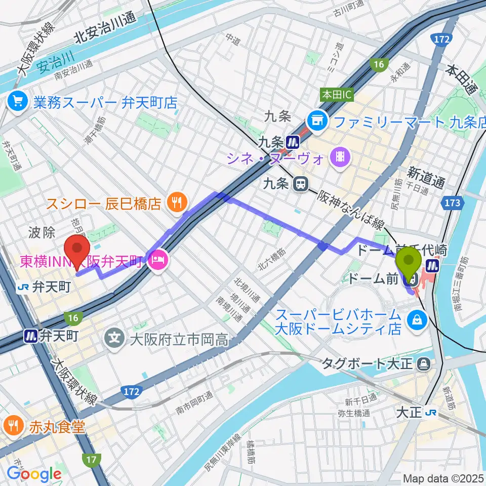 ドーム前駅からスタジオフリエへのルートマップ地図