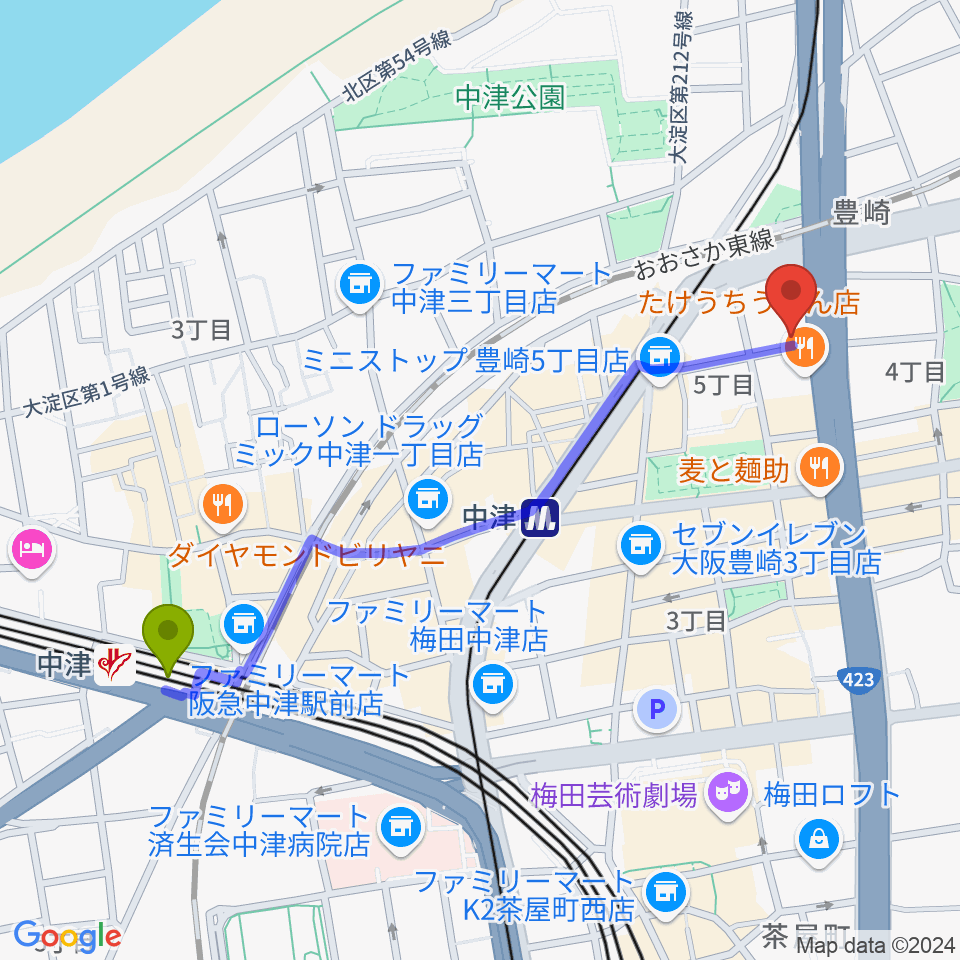 中津駅から三和レコーディングスタジオへのルートマップ地図