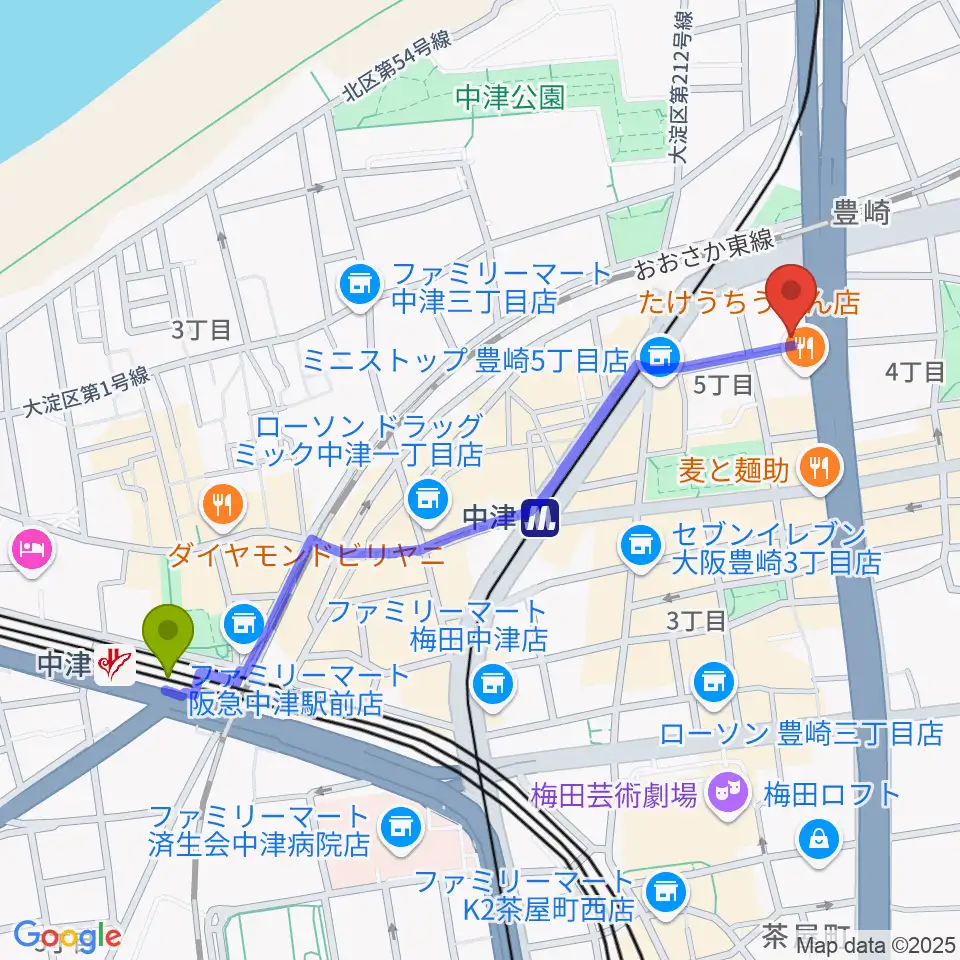 中津駅から三和レコーディングスタジオへのルートマップ地図