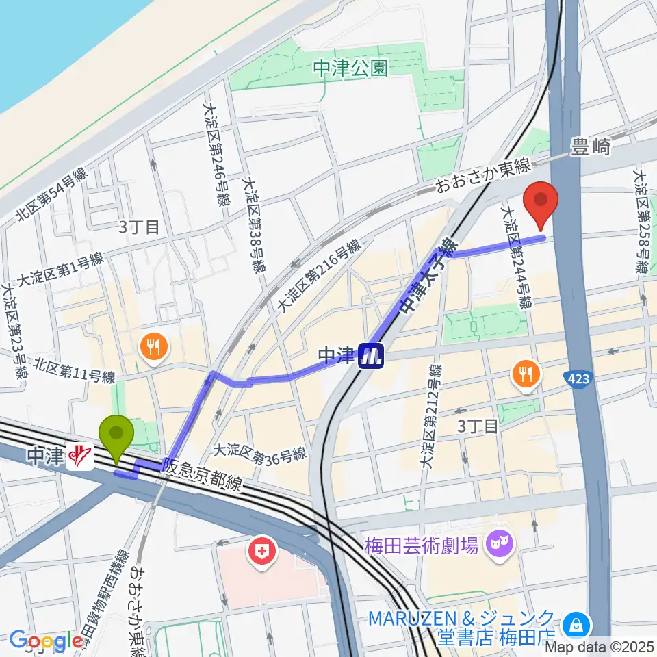 中津駅から三和レコーディングスタジオへのルートマップ地図