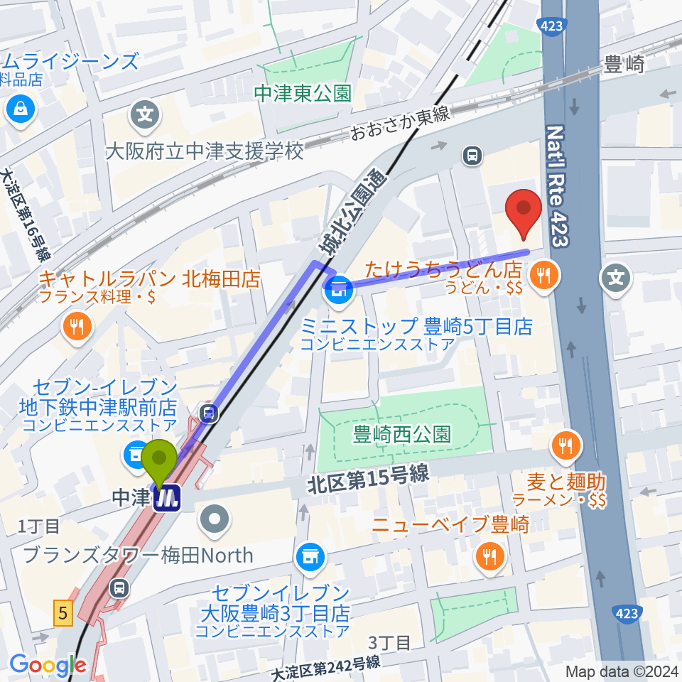 三和レコーディングスタジオの最寄駅中津駅からの徒歩ルート（約5分）地図