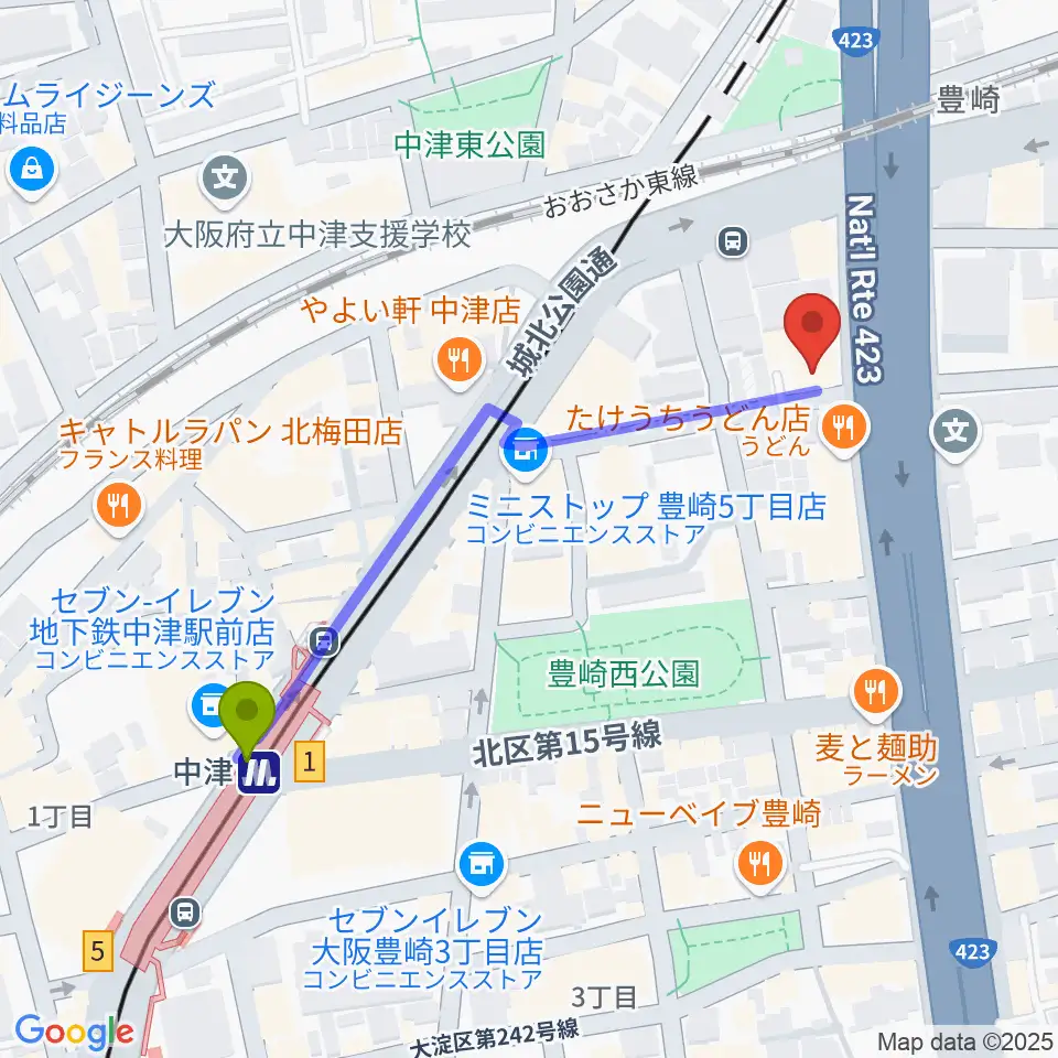 三和レコーディングスタジオの最寄駅中津駅からの徒歩ルート（約5分）地図