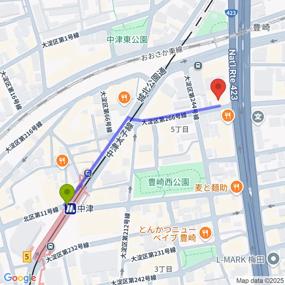 三和レコーディングスタジオの最寄駅中津駅からの徒歩ルート（約5分）地図