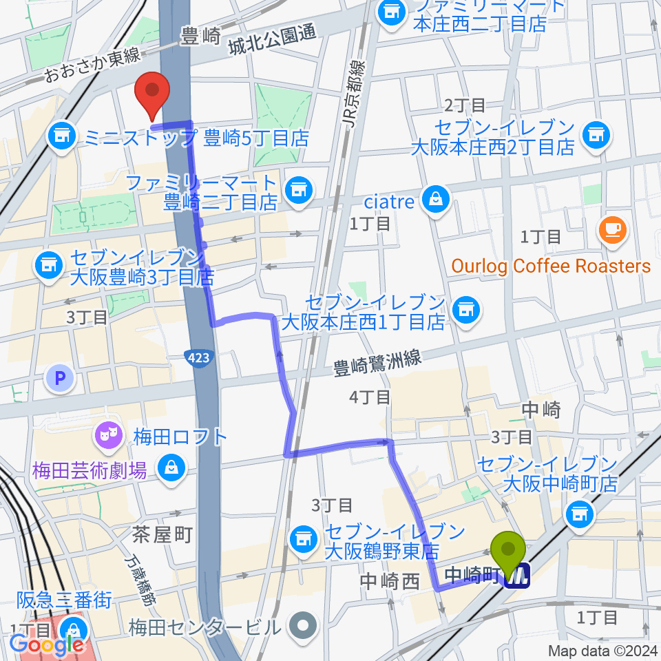 中崎町駅から三和レコーディングスタジオへのルートマップ地図