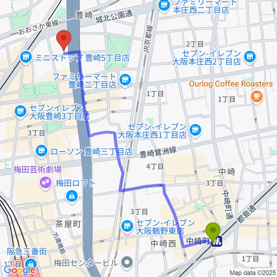 中崎町駅から三和レコーディングスタジオへのルートマップ地図