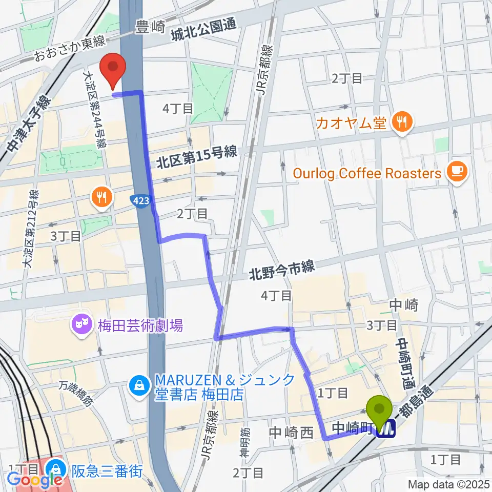 中崎町駅から三和レコーディングスタジオへのルートマップ地図