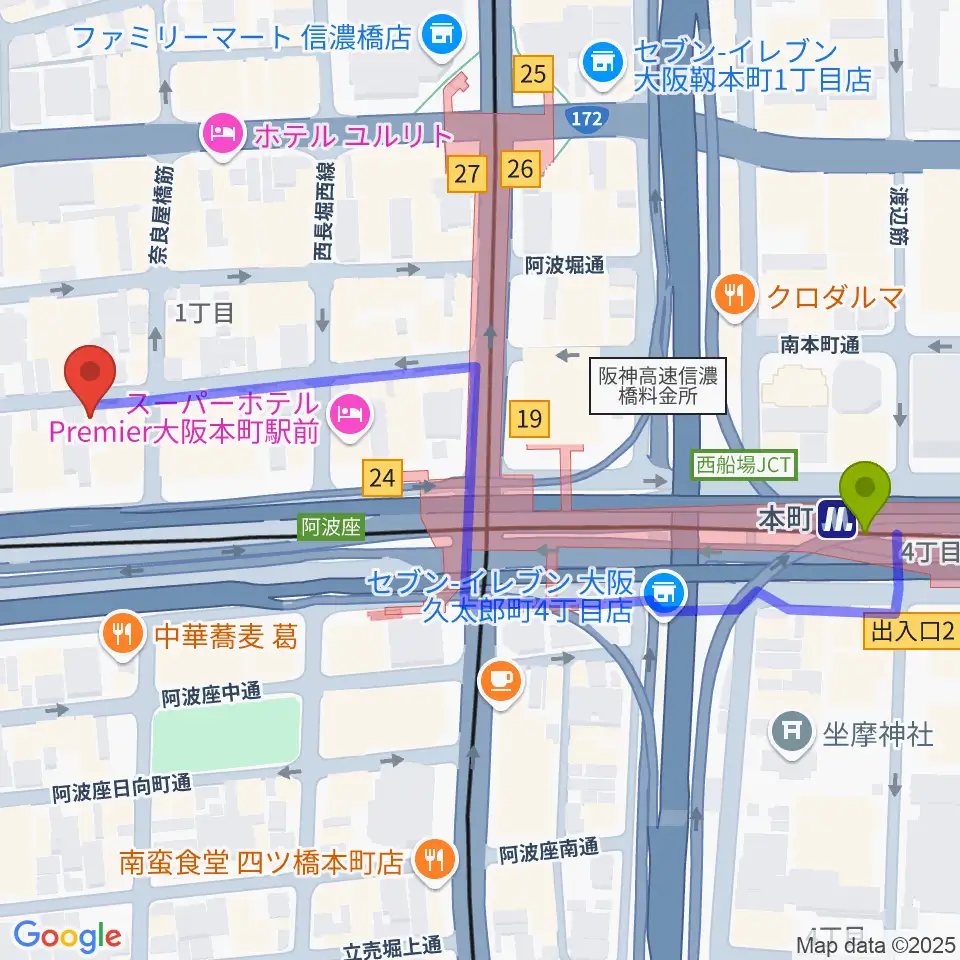 本町スタジオキューブの最寄駅本町駅からの徒歩ルート（約6分）地図