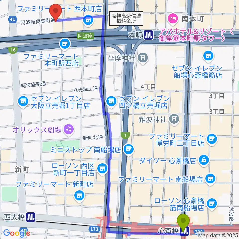 心斎橋駅から本町スタジオキューブへのルートマップ地図