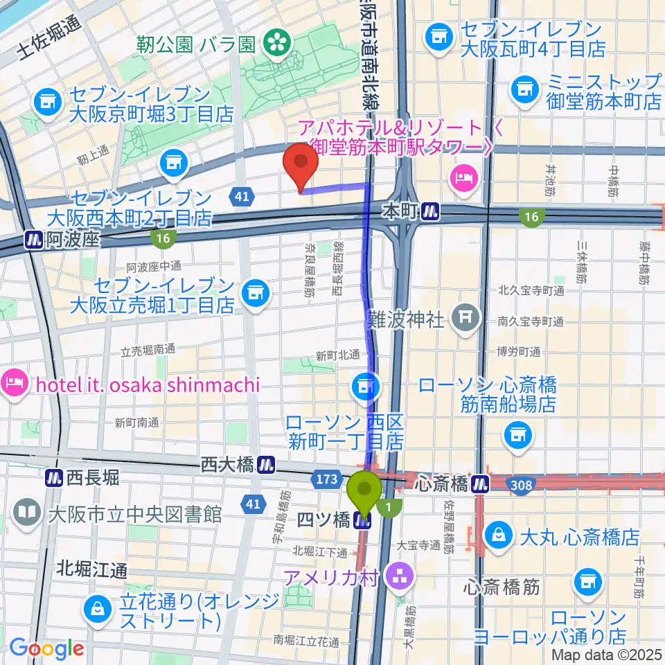 四ツ橋駅から本町スタジオキューブへのルートマップ地図