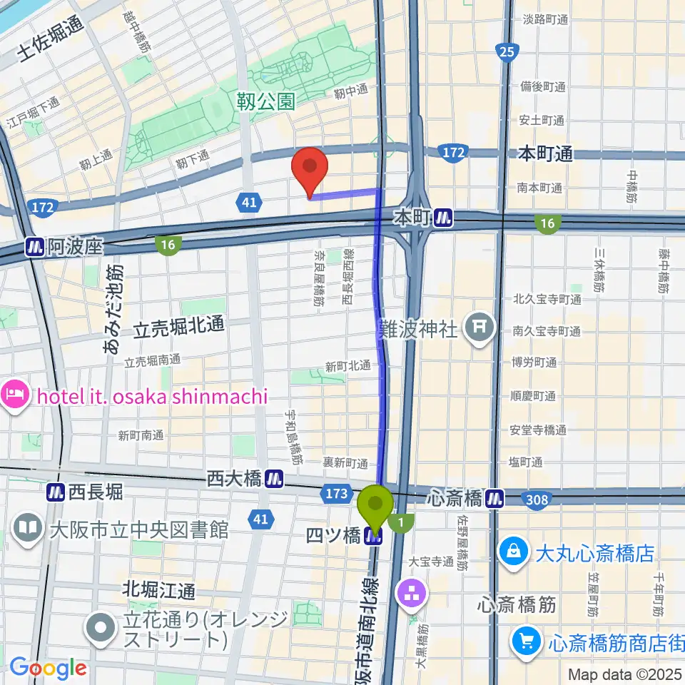 四ツ橋駅から本町スタジオキューブへのルートマップ地図