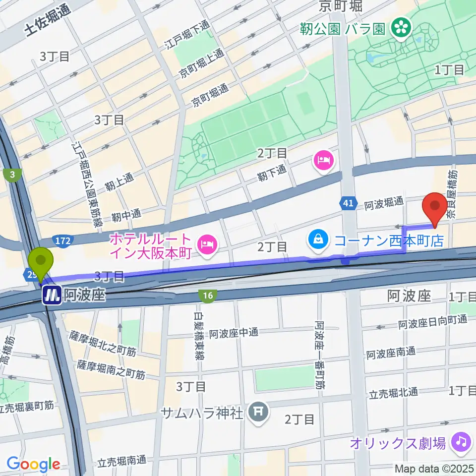 阿波座駅から本町スタジオキューブへのルートマップ地図