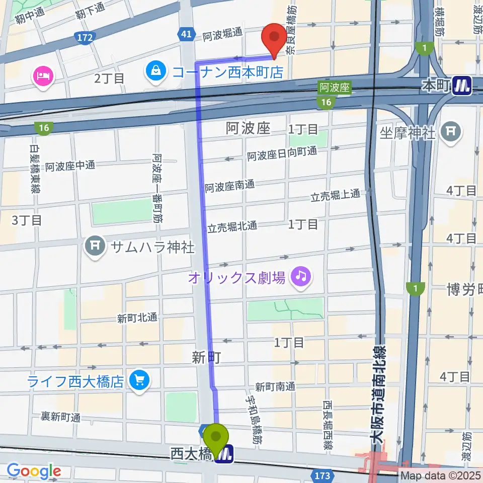 西大橋駅から本町スタジオキューブへのルートマップ地図