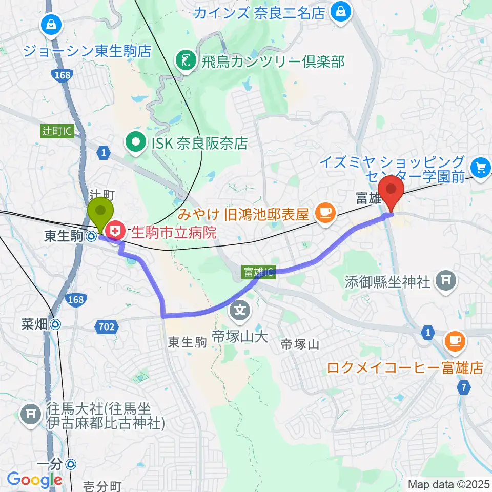 東生駒駅からスタジオジュエル富雄店へのルートマップ地図