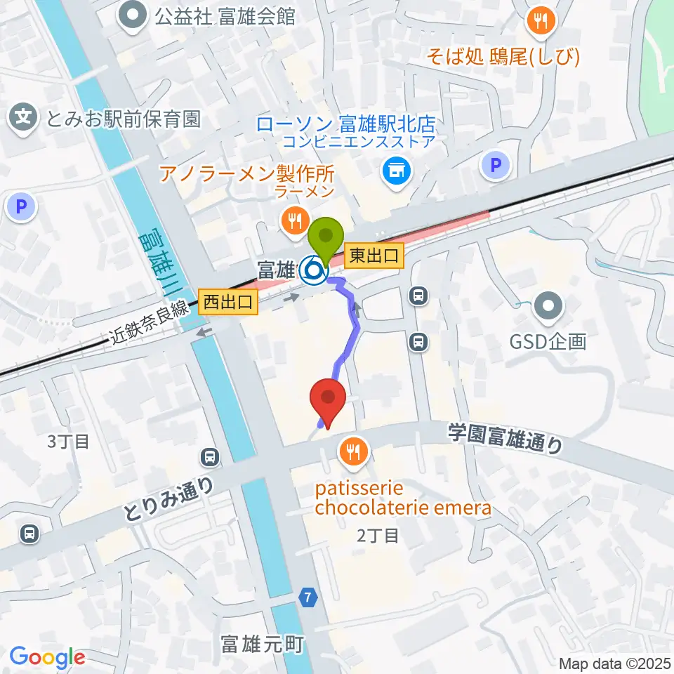 スタジオジュエル富雄店の最寄駅富雄駅からの徒歩ルート（約2分）地図