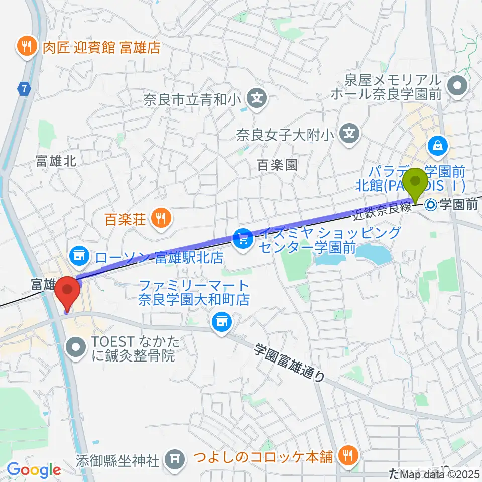 学園前駅からスタジオジュエル富雄店へのルートマップ地図