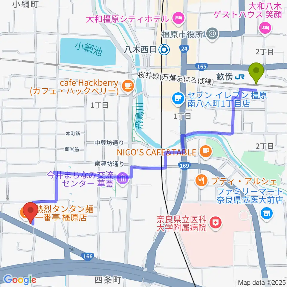 畝傍駅からハーツミュージックスタジオ橿原八木店へのルートマップ地図