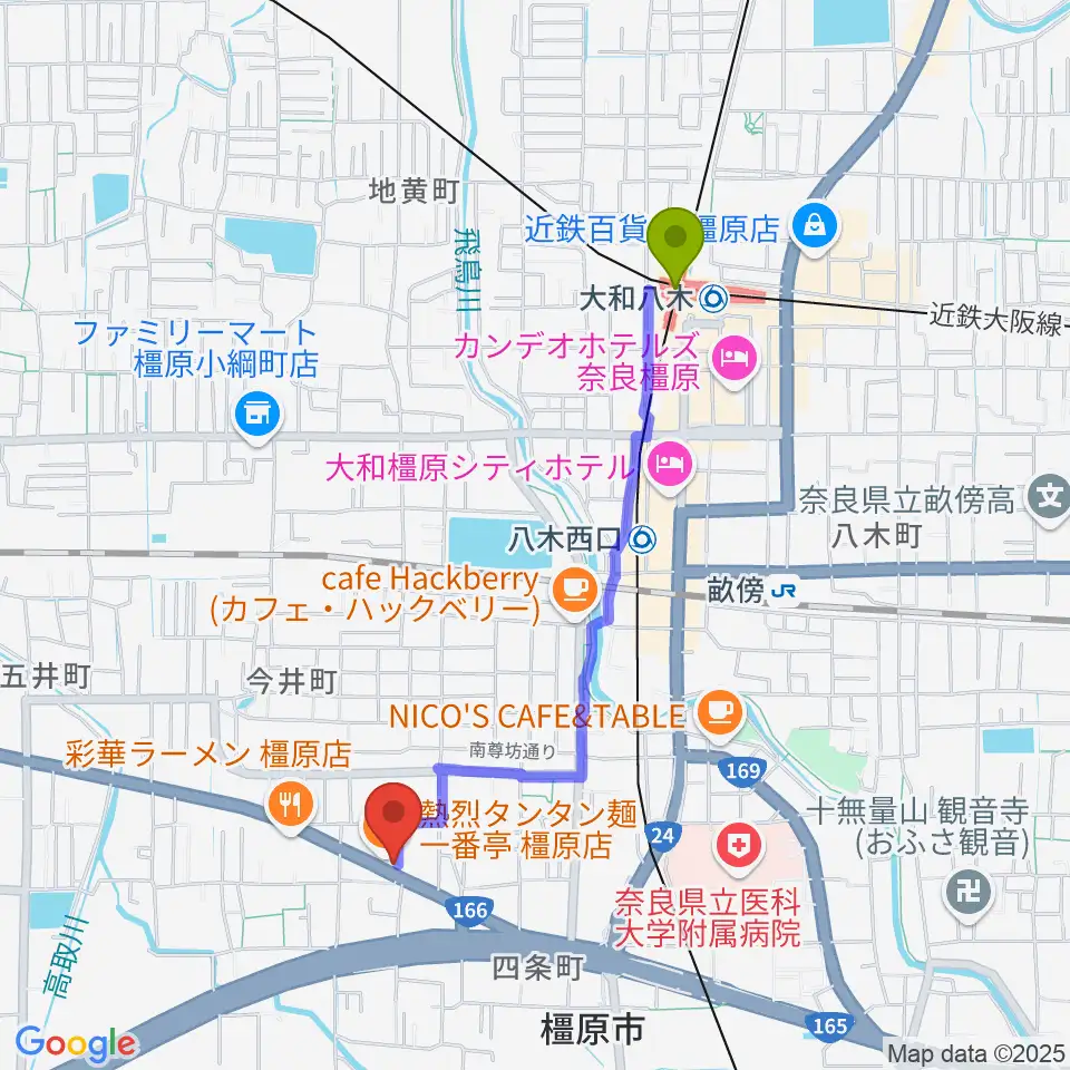 大和八木駅からハーツミュージックスタジオ橿原八木店へのルートマップ地図