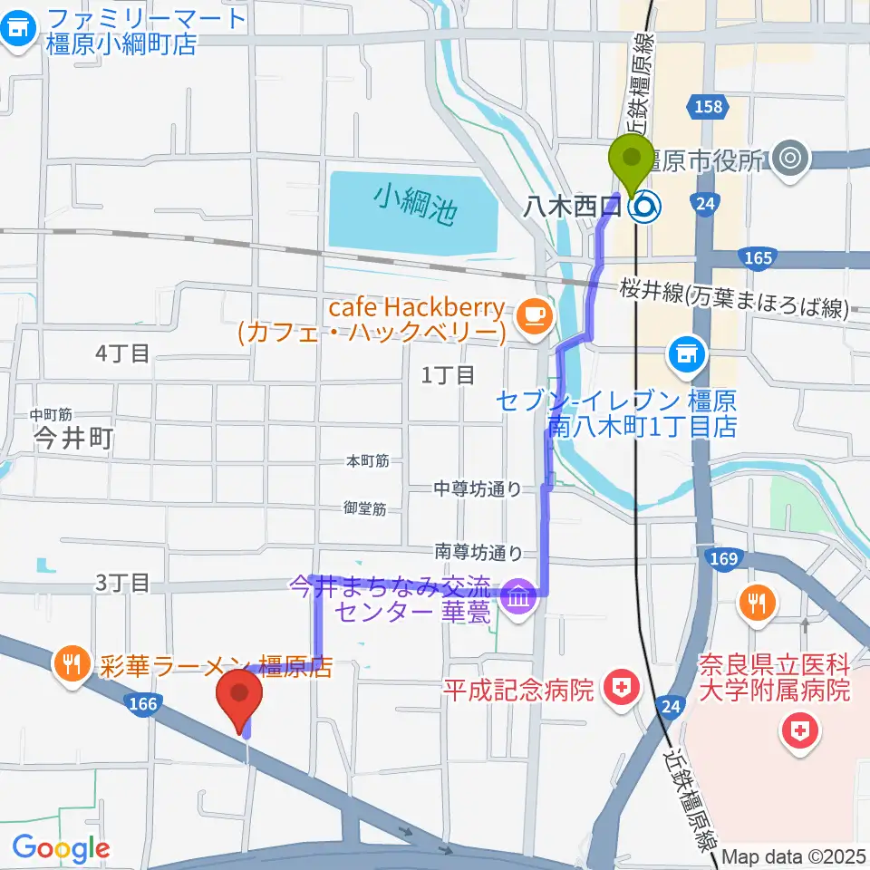 ハーツミュージックスタジオ橿原八木店の最寄駅八木西口駅からの徒歩ルート（約12分）地図