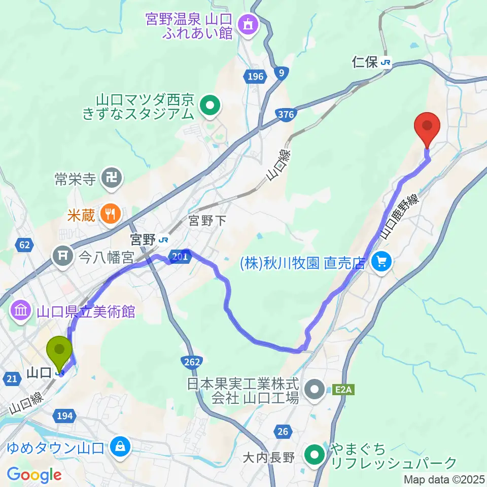 山口駅からスタジオログハウスへのルートマップ地図