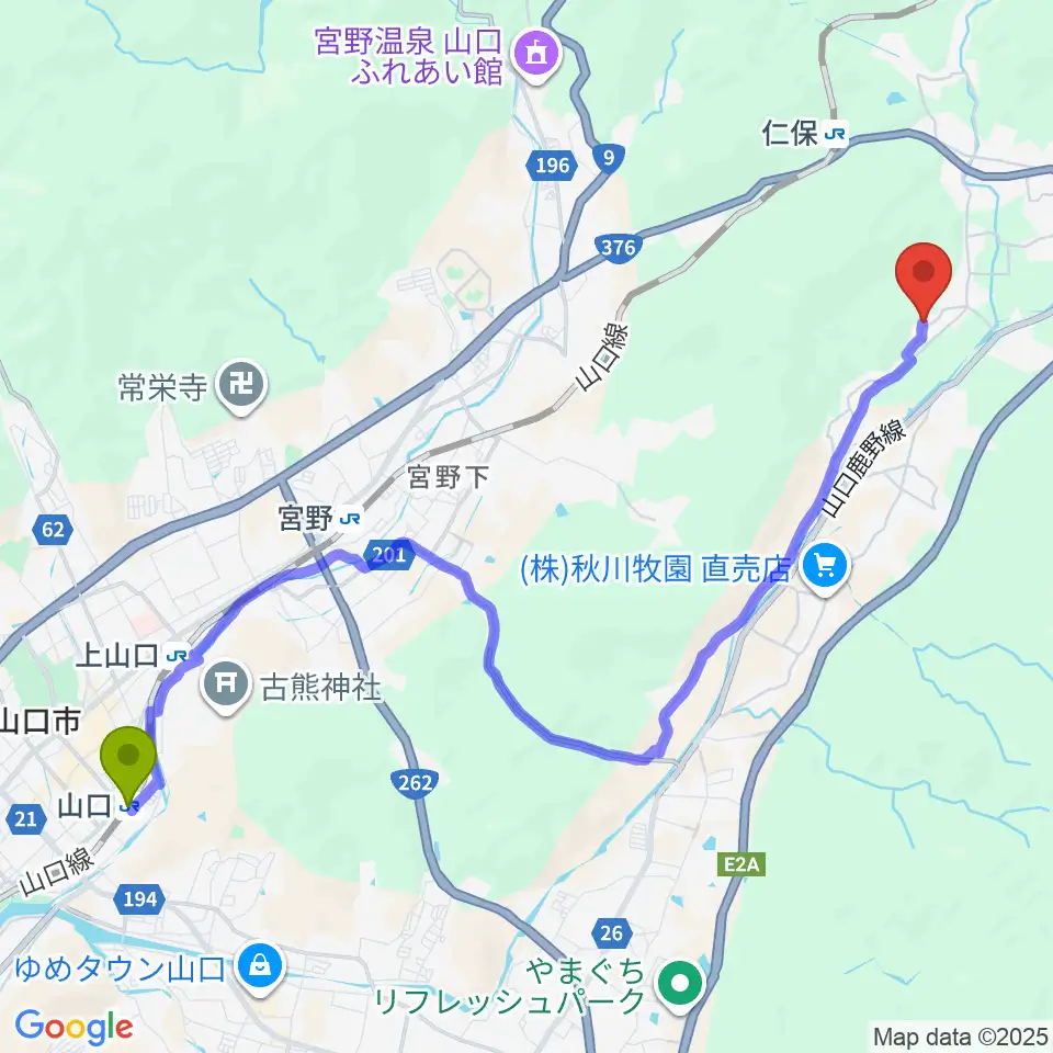 山口駅からスタジオログハウスへのルートマップ地図