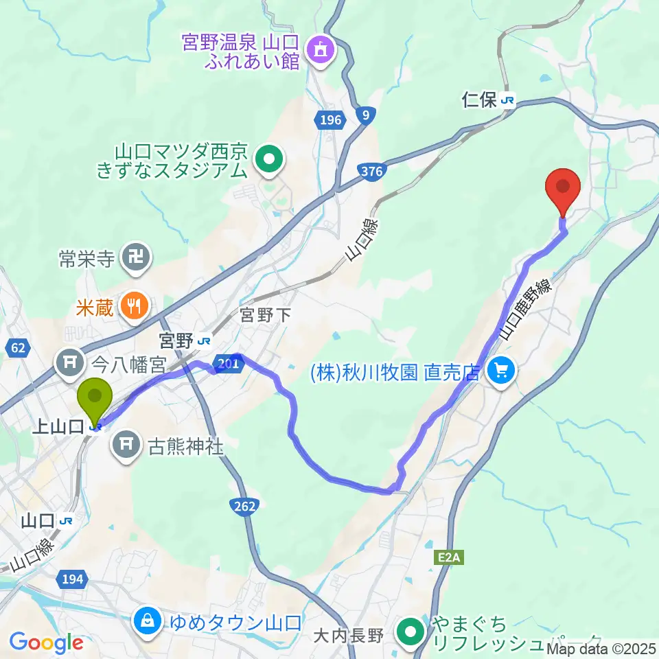 上山口駅からスタジオログハウスへのルートマップ地図