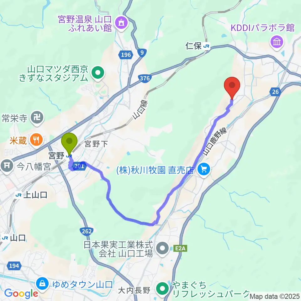 宮野駅からスタジオログハウスへのルートマップ地図