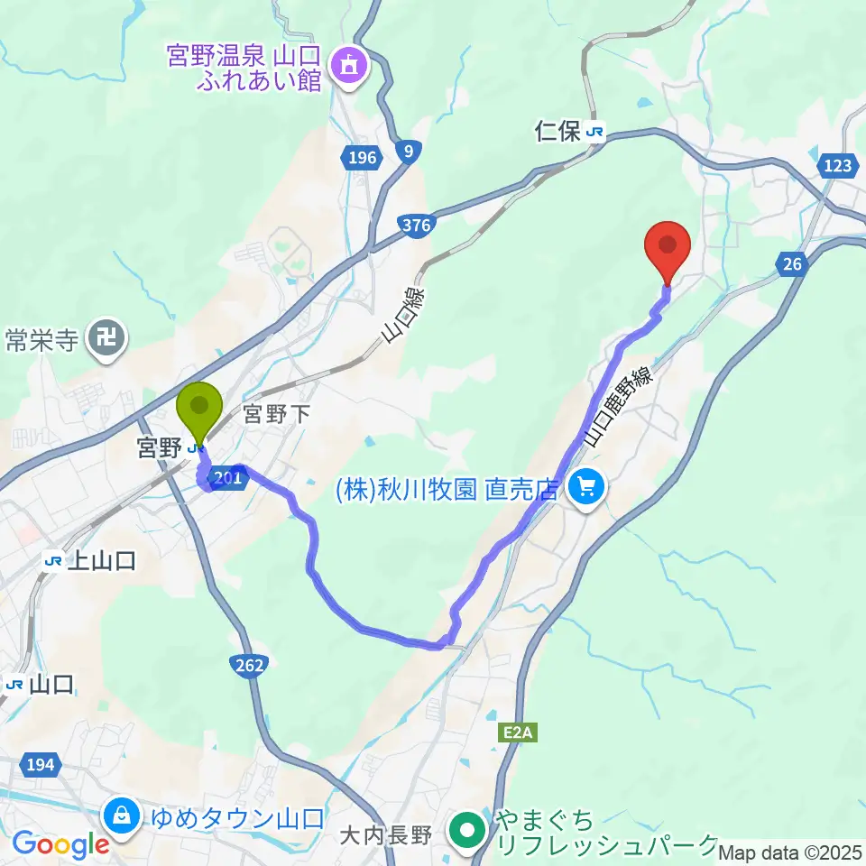 宮野駅からスタジオログハウスへのルートマップ地図